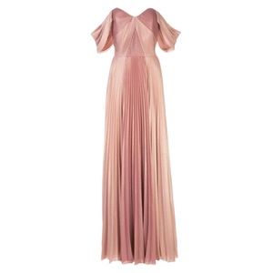 Marchesa Notte blush/pink lamè glittering pleated off the shoulder gown
